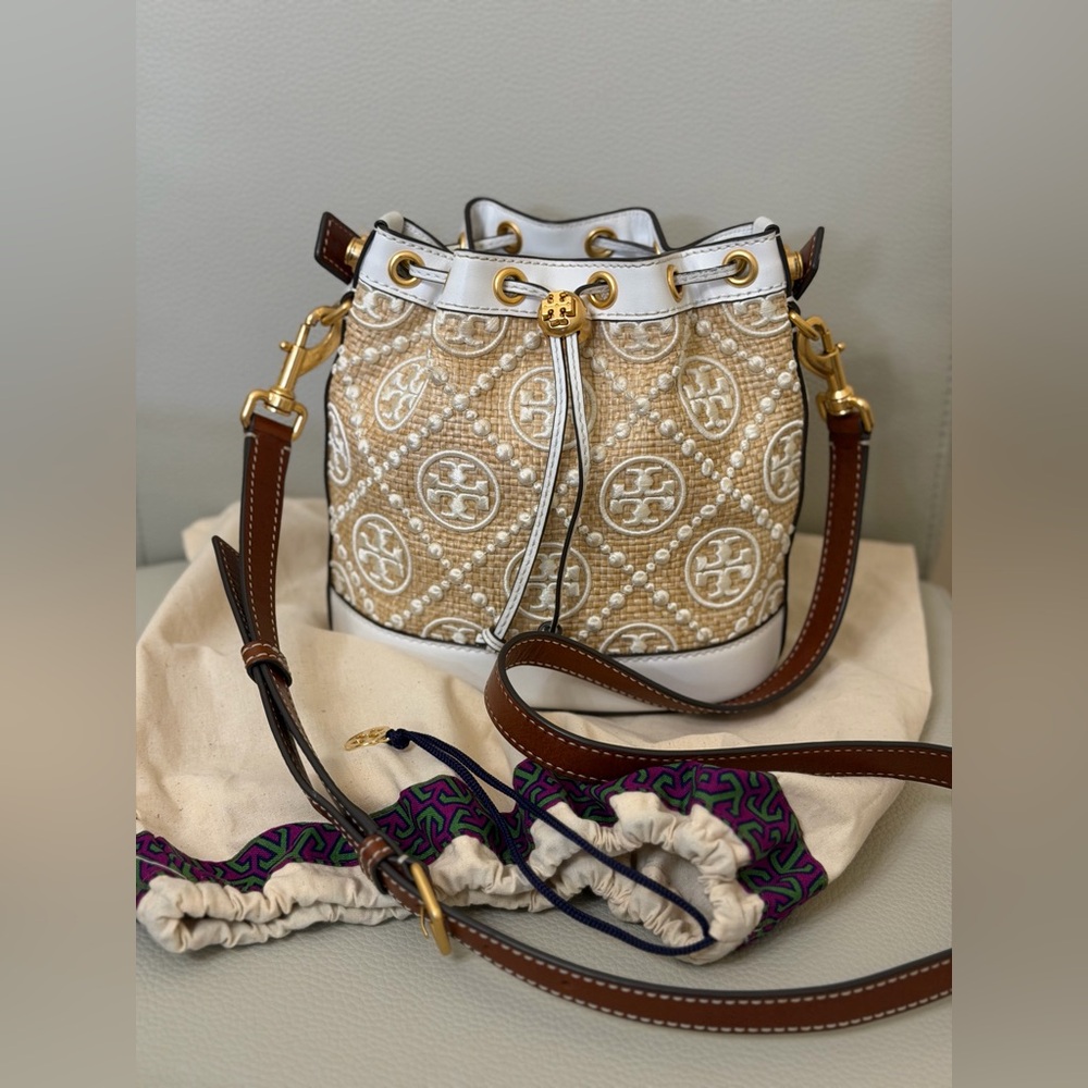 Tory Burch Beige Straw Logo Bucket Bag with White Trim and Brown Strap